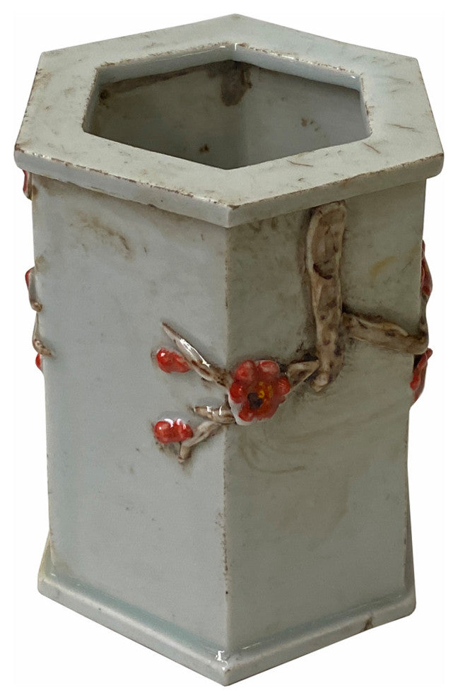 Chinese Distressed White Porcelain Blossom Graphic Hexagon Holder Vase Hws1771