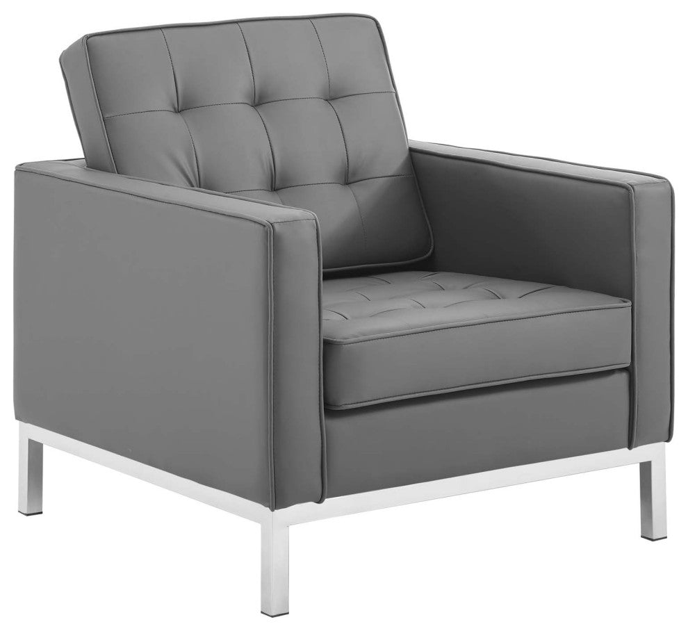 Loft Tufted Upholstered Faux Leather Armchair Set of 2-Silver Gray