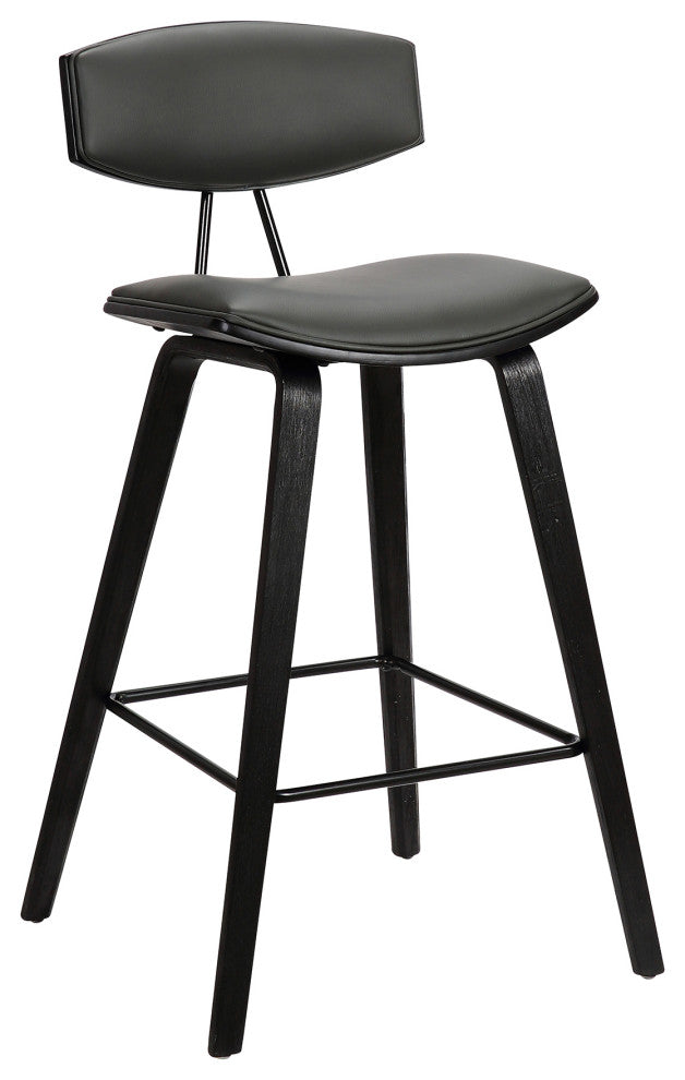 Fox 30" Mid-Century Bar Height Barstool in Grey Faux Leather with Black Brushed