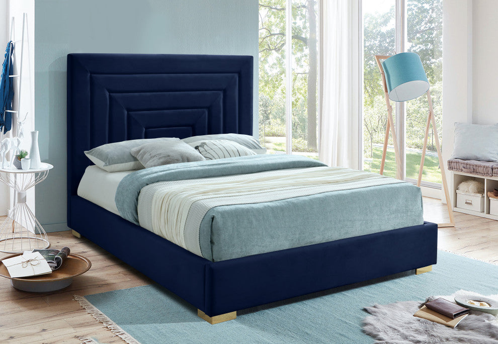 Nora Velvet Upholstered Bed, Navy, Queen