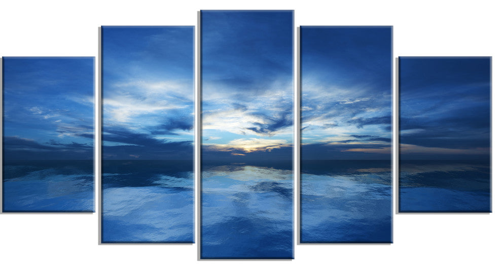 "Blue Waters And Blue Sky Sunset" Modern Seascape Wall Art, 5 Panels, 60"x32"