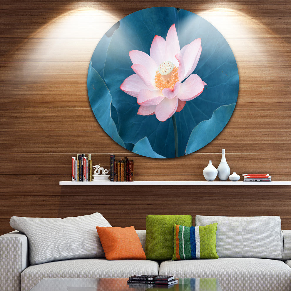 Blooming Pink Lotus Flower, Beach Round Metal Wall Art, 36"