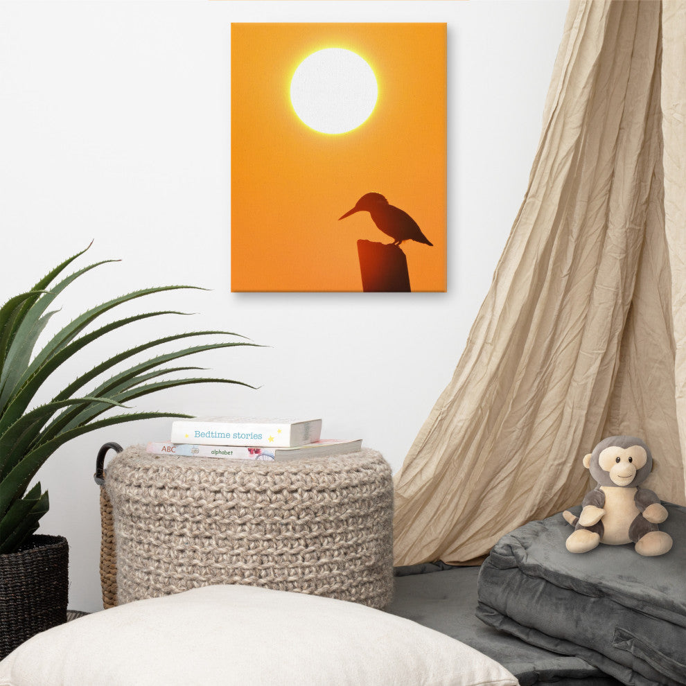 Kingfisher Bird Silhouette Sunset Animal Wildlife Photo Canvas Wall Art Prints, 16" X 20"