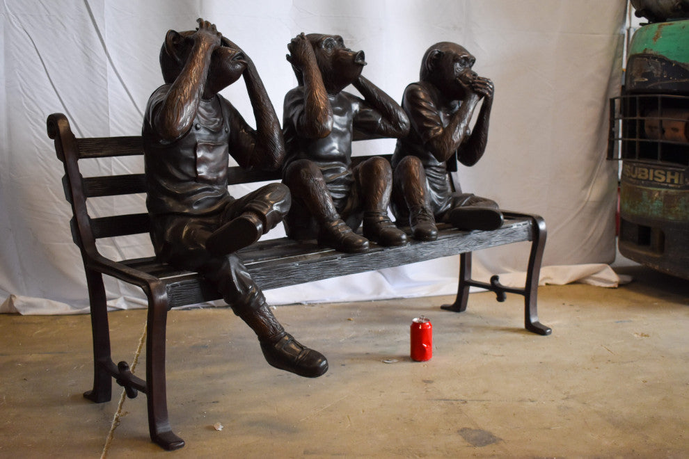Three Comedic Monkeys on a bronze Bench, Say, Hear, See no Evil 57" x 20" x 43