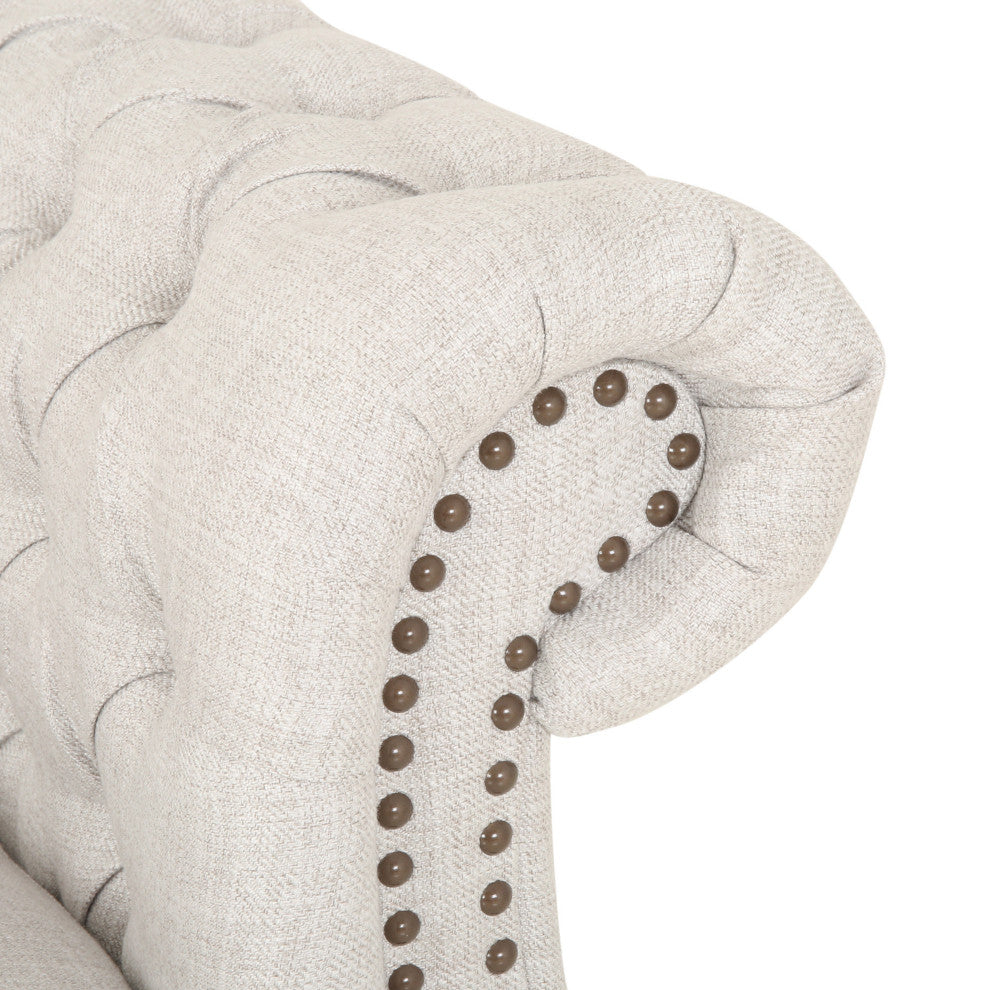 Annabelle 7 Seater Velvet Tufted Chesterfield Sectional, Beige, Dark Brown, Fabric