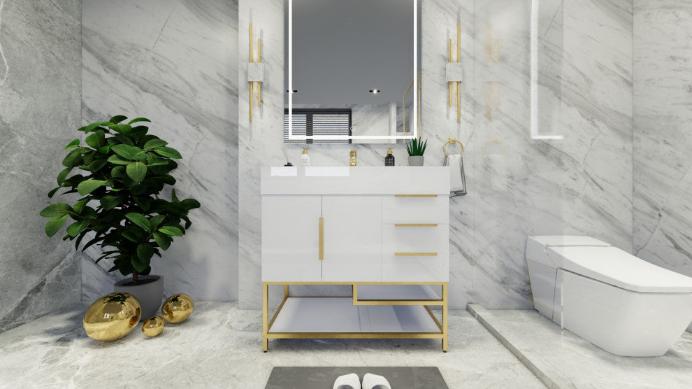 Madison 36" Freestanding Vanity with Reinforced Acrylic Sink, High Gloss White