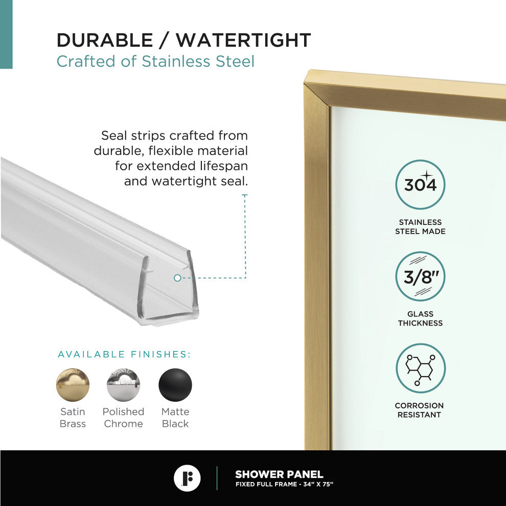 Single Fixed Glass Shower Panel - Clear Tempered Full Frame Shower Glass Door, Satin Brass, 34"