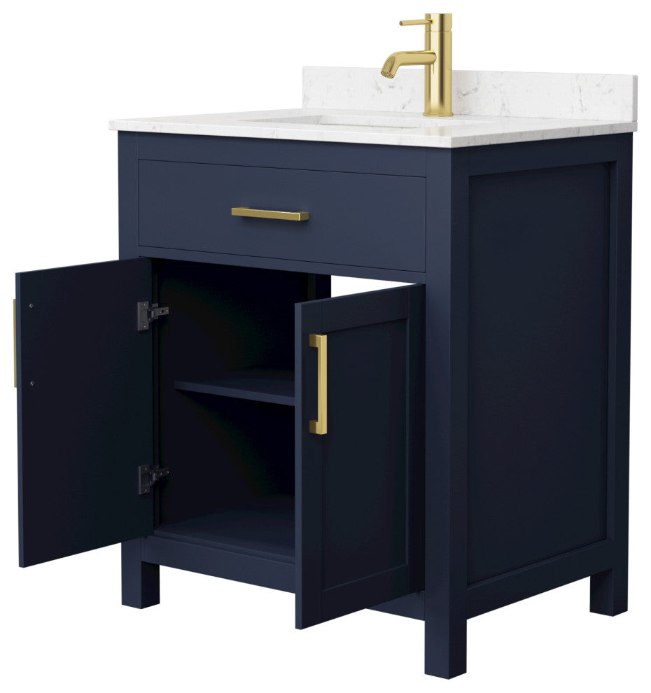30"SGL Vanity Dark Blue, Carrara Cult. Marble Countertop, Sink, Gold Trim