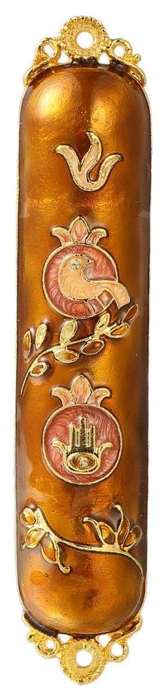 Hand Painted Enamel Mezuzah Embellished With a Dove and Hamsa Design With Gold A
