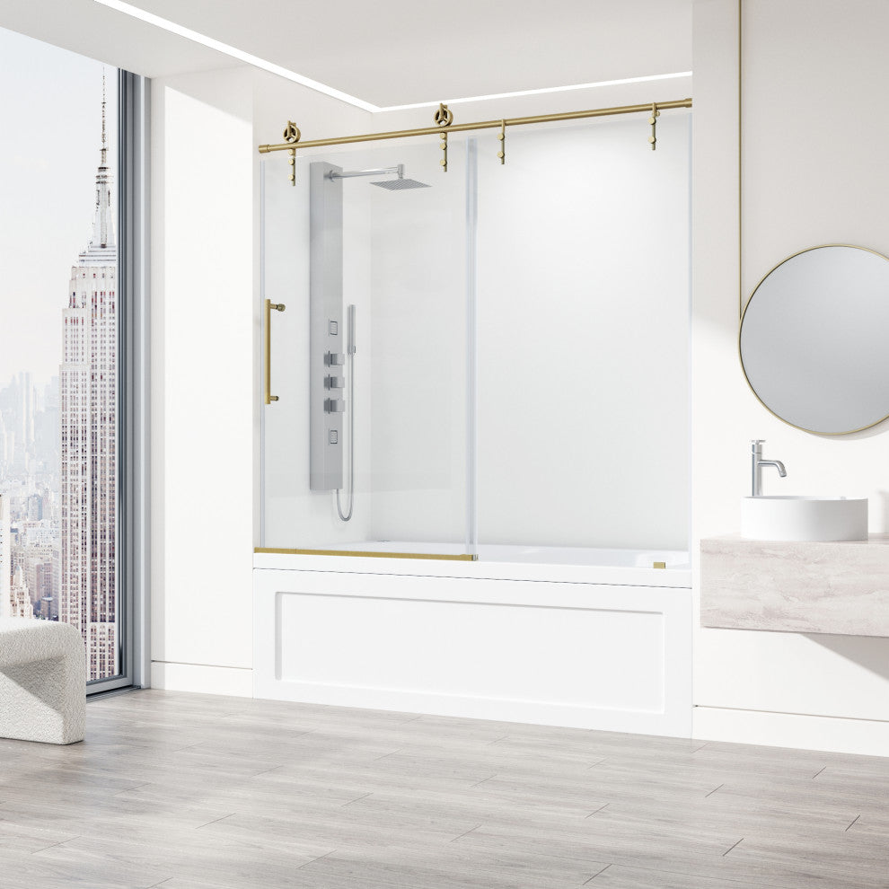 VIGO Hamilton Frameless Sliding, Matte Brushed Gold, Tub Door, 56" to 60" W X 68" H, Clear Glass