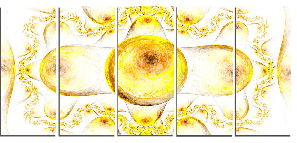 Yellow Exotic Pattern on White, Abstract Art on Canvas, 60"x28", 5 Panels