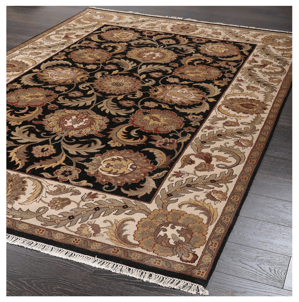 Agra AG-01 Traditional Floral Black Hand Knotted Wool Rug 6'x9'