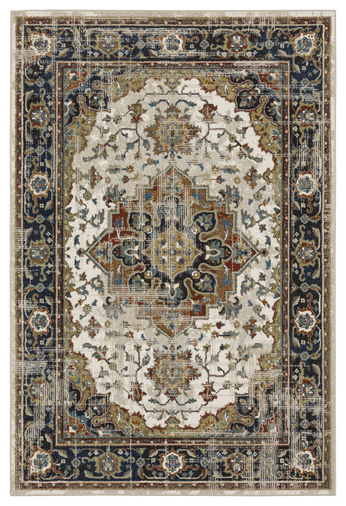 Vander Traditional Medallion Beige/Blue Power-Loomed Area Rug, 3'10"x5'5"
