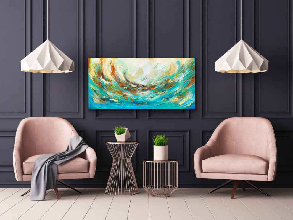 48"x24" The Storm Original Large Modern green teal coastal sea Painting