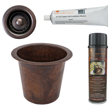 12" Round Hammered Copper Champagne Bar/Prep Sink, Drain & Accessories