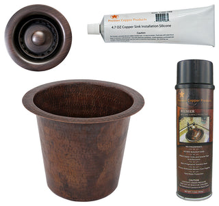 12" Round Hammered Copper Champagne Bar/Prep Sink, Drain & Accessories