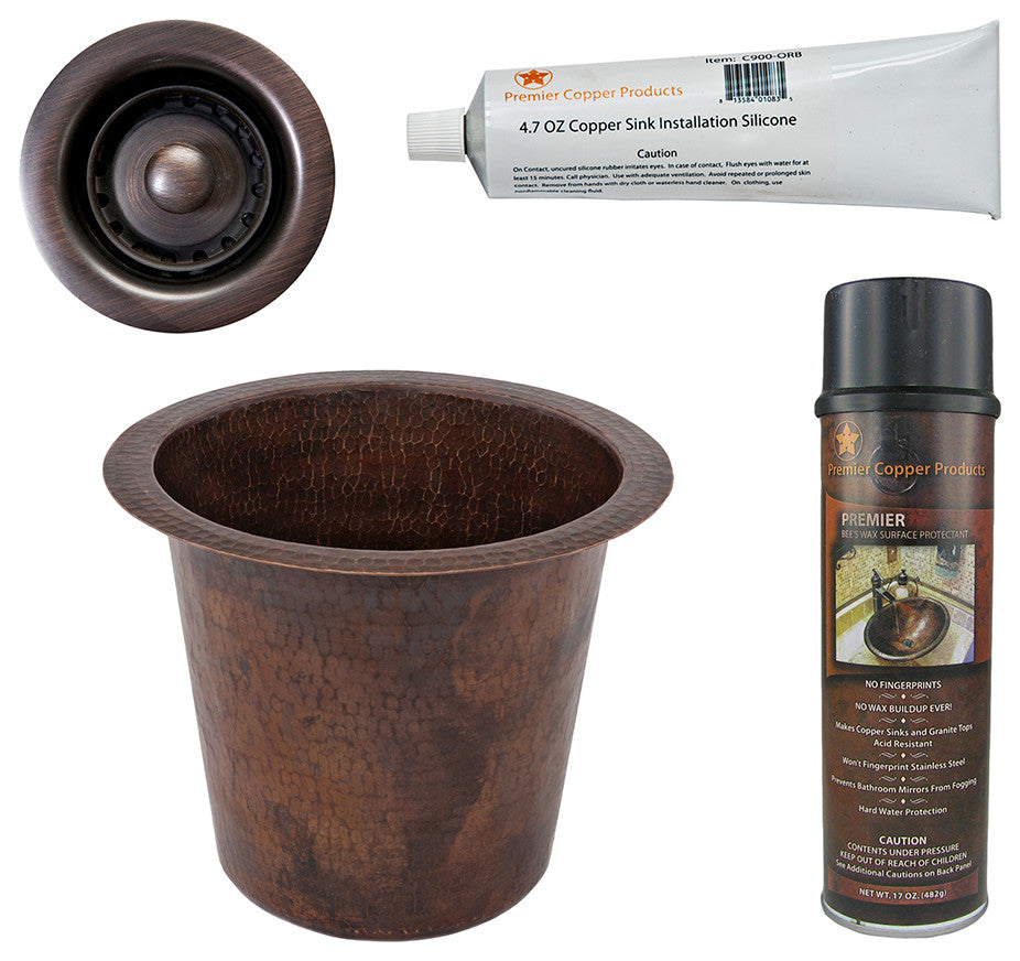 12" Round Hammered Copper Champagne Bar/Prep Sink, Drain & Accessories