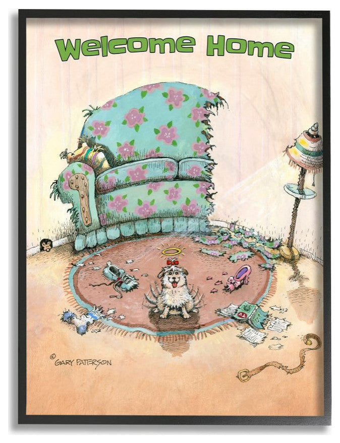 Stupell Industries Welcome Home Funny Cartoon Pet Dog Design, 24"x30", Black