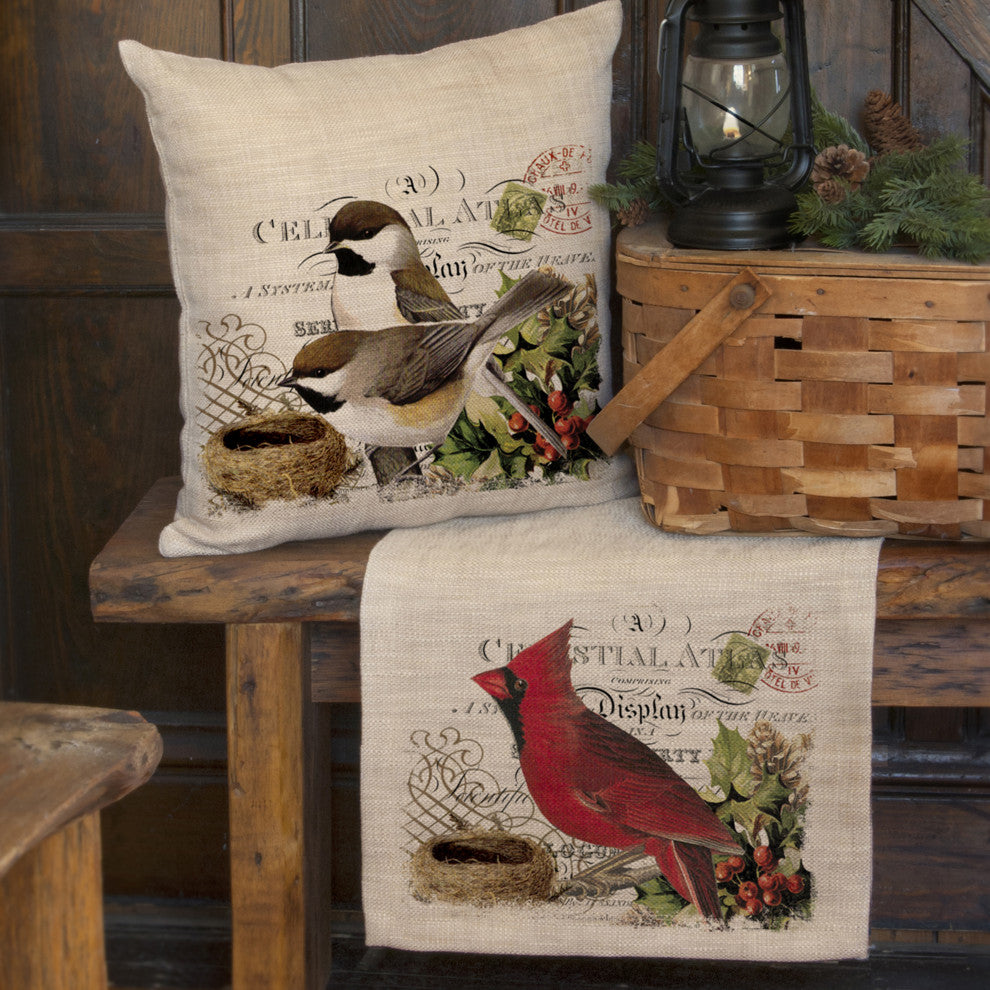 Winter Garden 18"x18" Chickadees Pillow, Natural