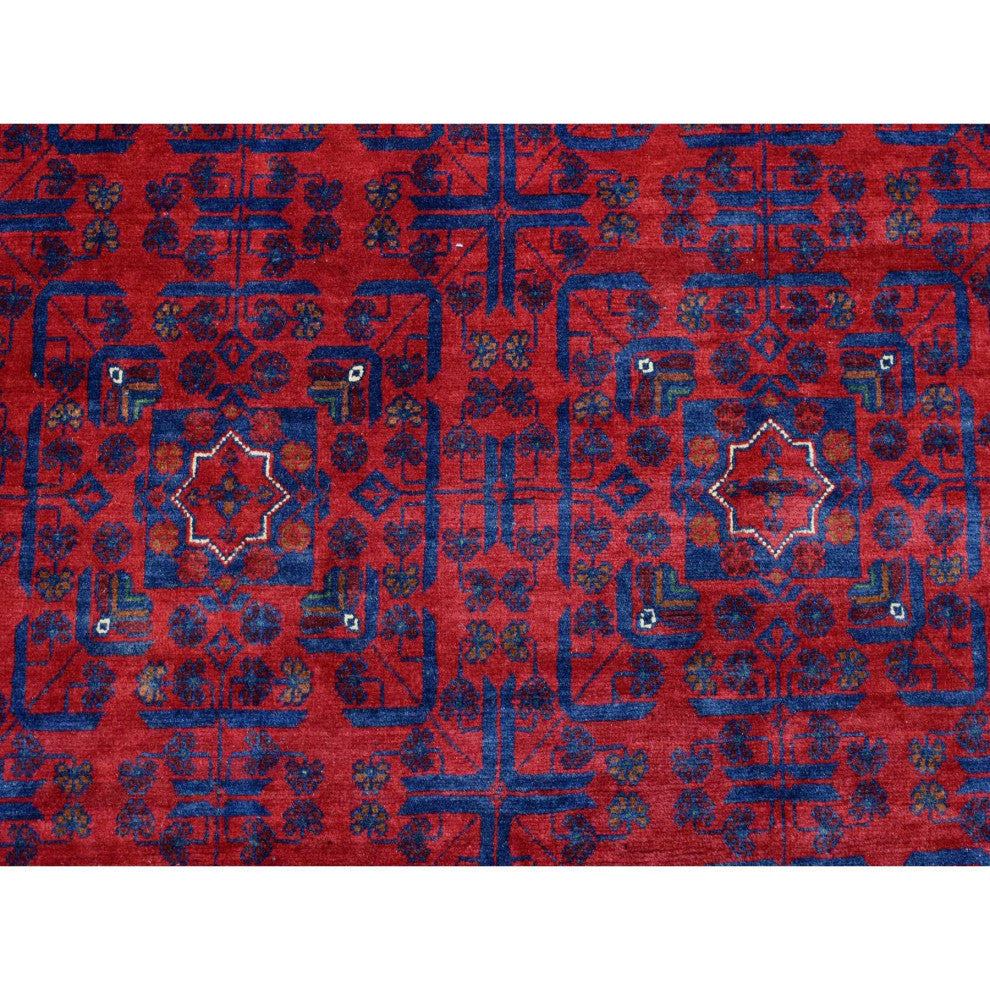 Red Hand Knotted Tribal Design Soft Wool Afghan Khamyab Oriental Rug, 9'8"x13'1"