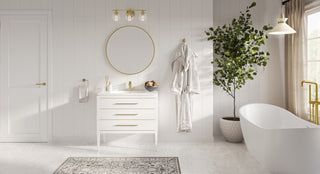 Celios Bathroom Vanity, White With Brass Trim, 36", Single Sink, Freestanding