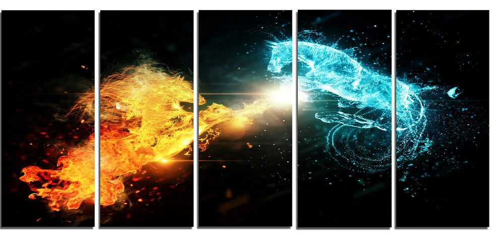 Fire and Water Abstract Horses, Animal Canvas Art Print, 60"x28", 5 Panels