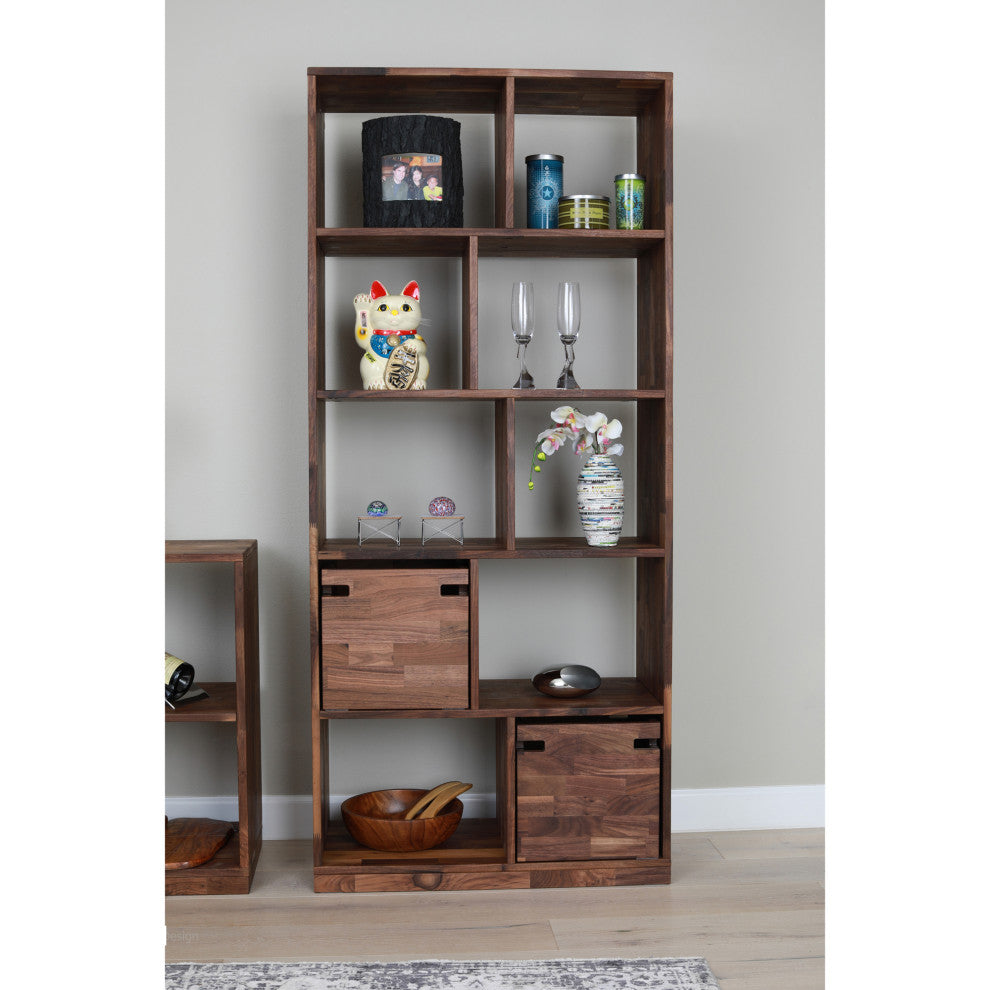 Zuma High Modern Solid Wood Walnut Shelving Unit, Open Bookcase