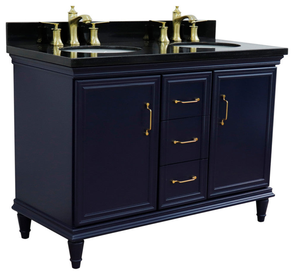 49" Double Vanity, Blue Finish With Black Galaxy And Oval Sink