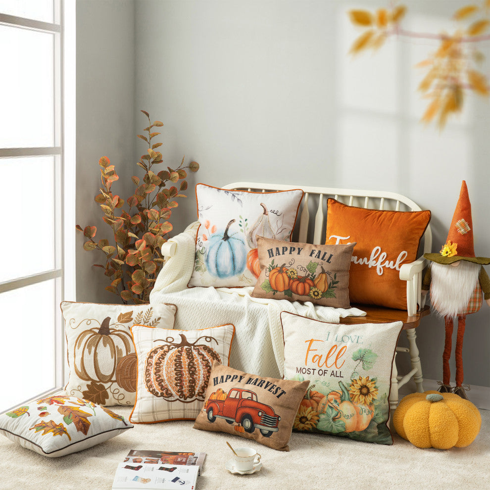 18" Fall Embroidered Pumpkin Pillow Cover