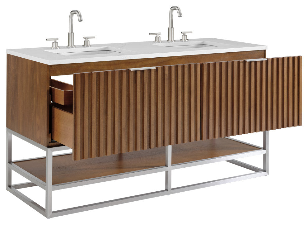 Terra Bathroom Vanity, Walnut/Brushed Nickel, 60", Calacatta Quartz Top
