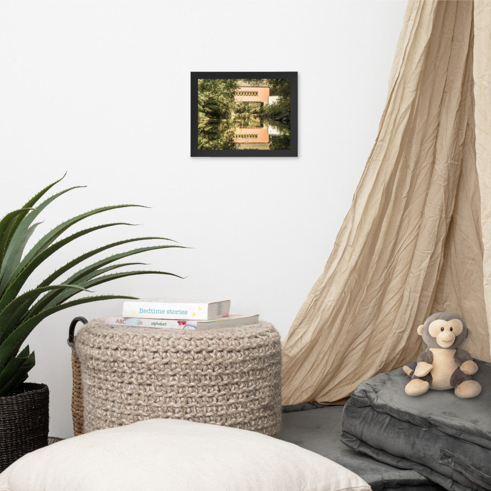 The Reflections of Wooddale Covered Bridge Aged Framed Photo Wall Art Print, Black, 8" X 10"