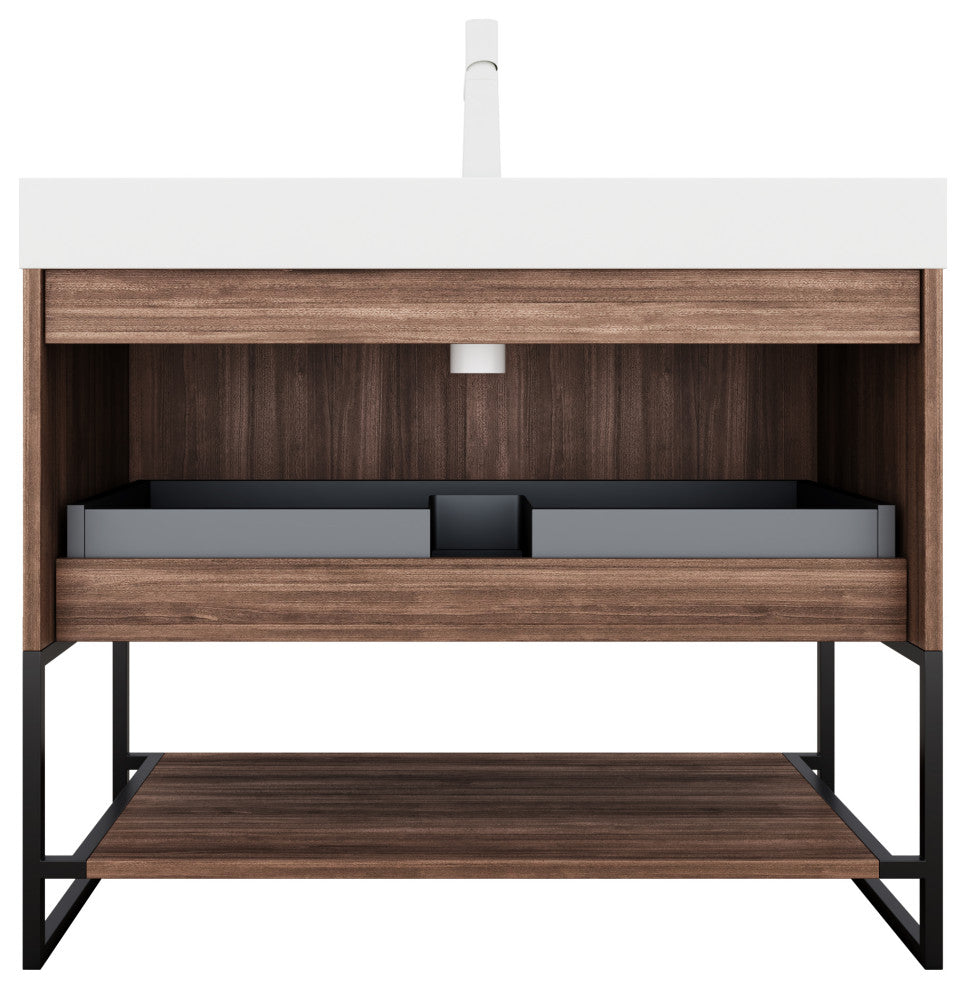 Plywood Freestanding Bathroom Vanity Set with Integrated Acrylic Sink, Walnut, 36in