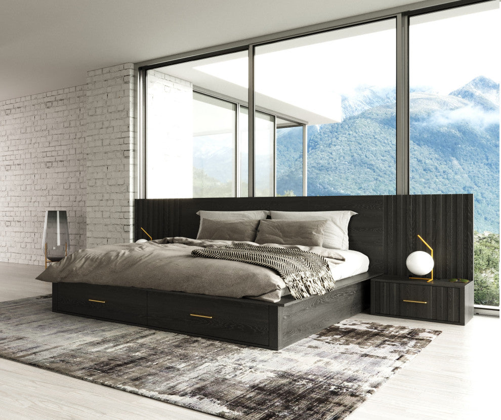Modrest Manchester- Platform Dark Grey Bed With Two Nightstands, Queen