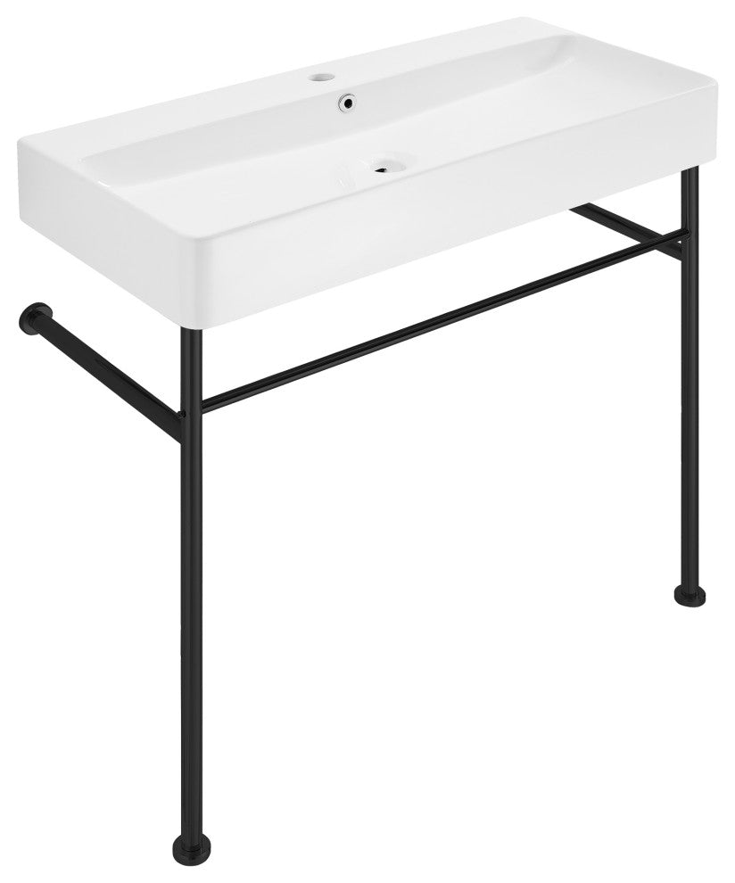 Carre 36" Ceramic Console Sink White Basin Black Legs