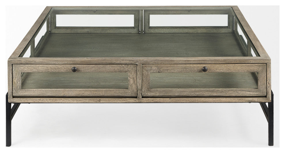 Arelius 42L x 42W x 15H Gray Wood W/ Black Metal Base Square  Coffee Table, Gray