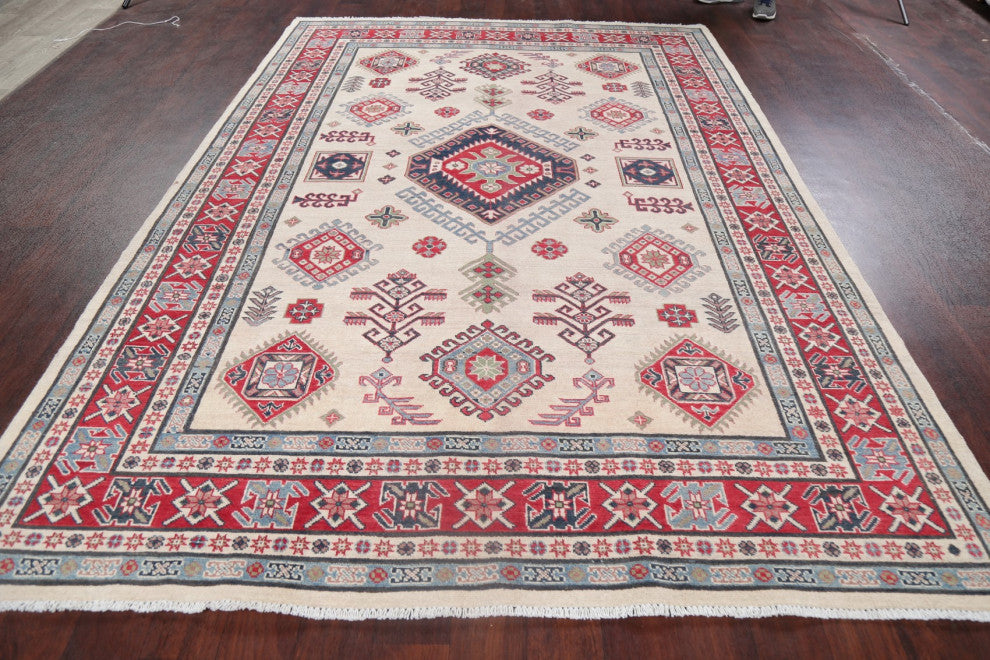 Oriental Traditional Kazak Handmade Pakistani Area Rug, Beige, 9'5"x6'6
