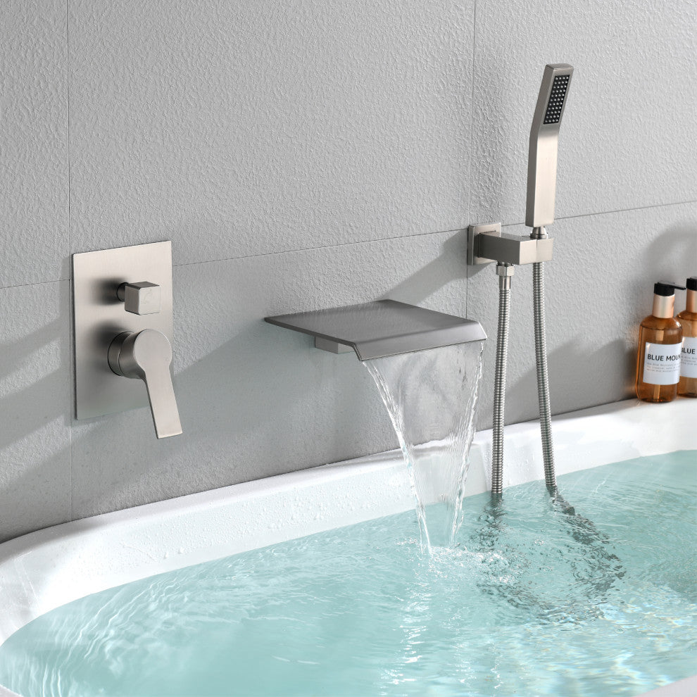 Wellfor Shower Faucet Set, Waterfall Tub Spout and Hand Shower, Brushed Nickel