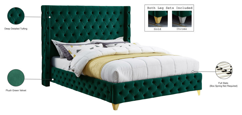 Savan Velvet Upholstered Bed, Green, Queen