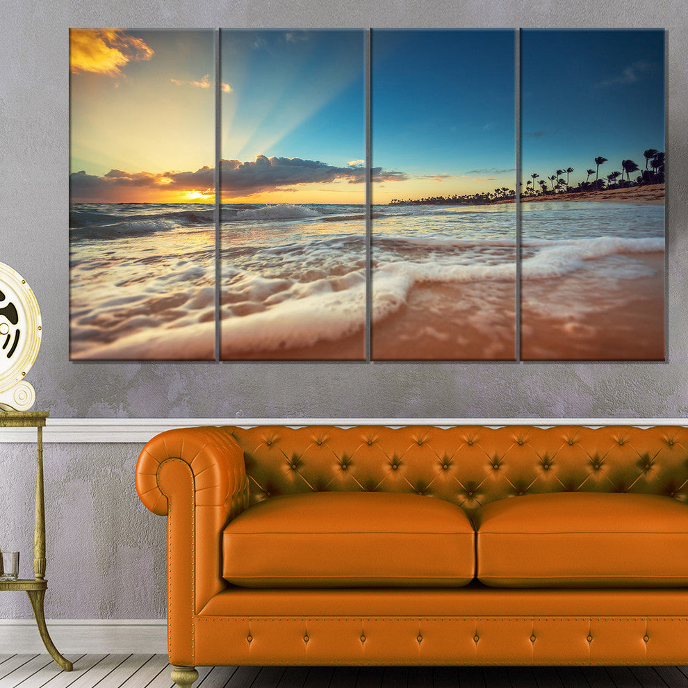 Exotic Beach in Dominican Republic, Seashore Canvas Art Print, 48"x28", 4 Panels