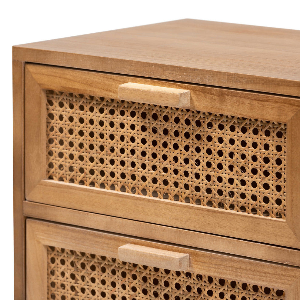Kathrin Mid-Century Walnut Brown Nightstand With Rattan, 2-Drawer