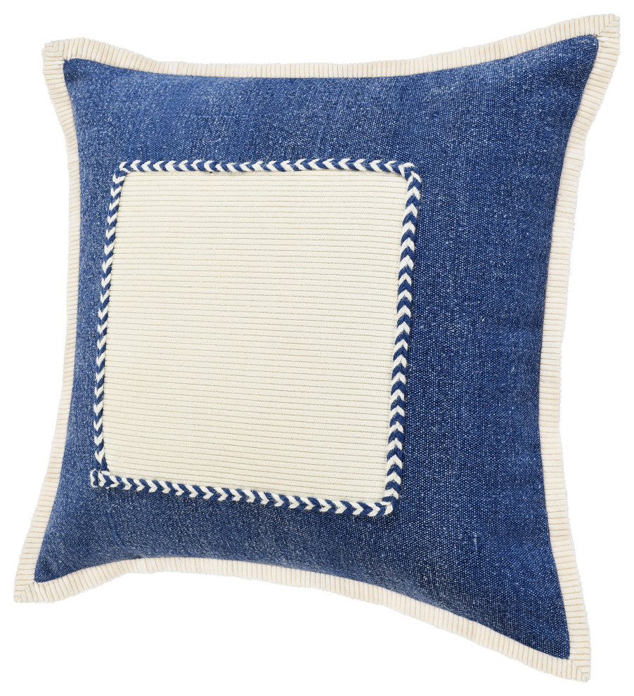 Ox Bay Hand-stitched Blue/White Bordered Organic Cotton Pillow Cover, 20"x20"