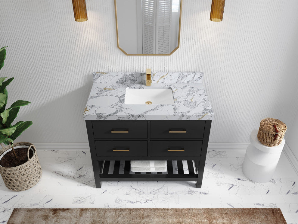Parker 42" Single Sink Bath Vanity, Black 2" Calacatta Poanazzo