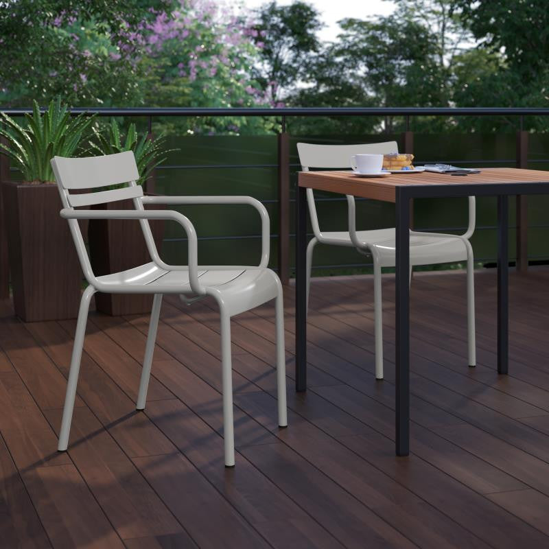 Nash Commercial Grade Steel Indoor-Outdoor Stackable Chair with 2 Slats and Arms, Silver