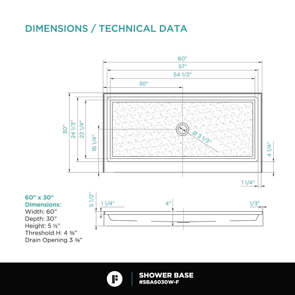 Fine Fixtures Single Threshold Shower Base, 60x30 - Center Drain