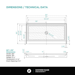 Fine Fixtures Single Threshold Shower Base, 60x30 - Center Drain