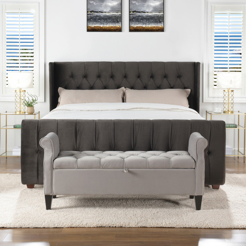 David Tufted Wingback Upholstered Bed, Dark Charcoal Gray Velvet, King