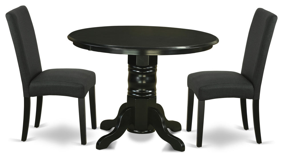 3Pc Round 42" Dining Room Table, A Pair Of Parson Chair, Black Finish Leg