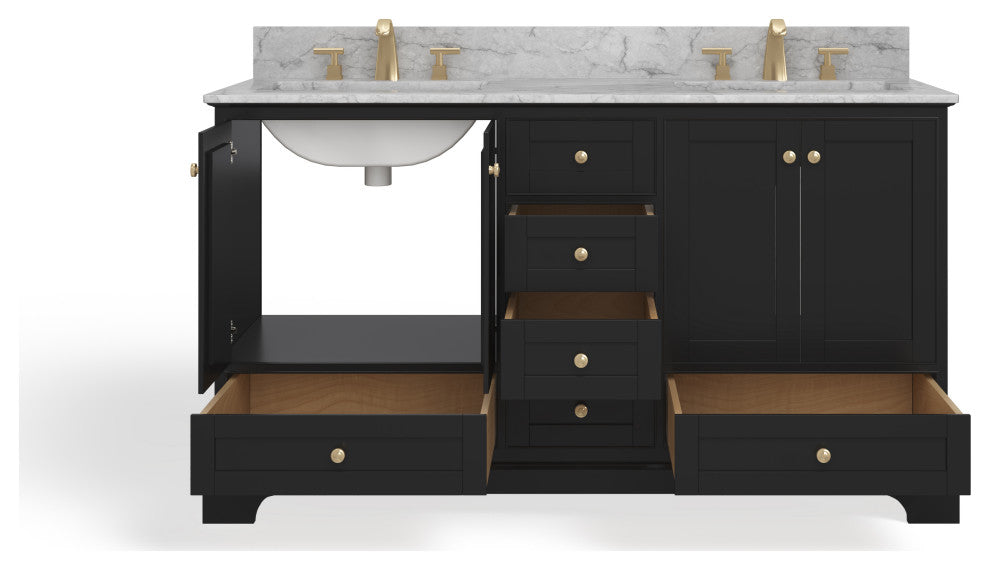 Cascade Bath Vanity, Black Onyx, 60", Gold Hardware, Double, Freestanding