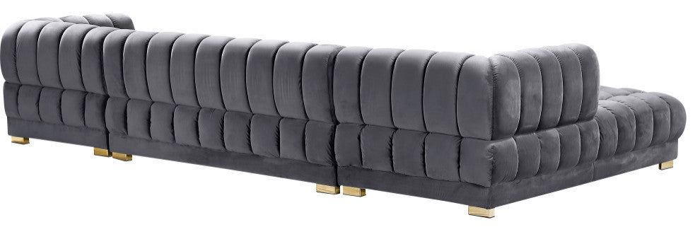 Gwen Biscuit Tufted Velvet Upholstered 3 Piece Sectional, Gray