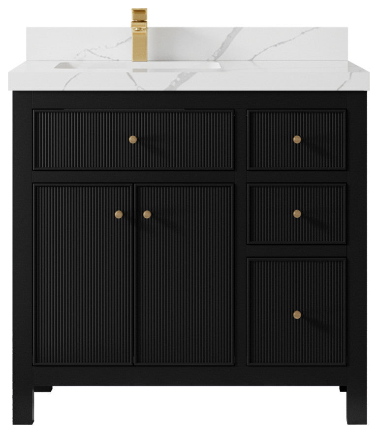 Sonoma 36 Left Offset Reeded  Bath Vanity in Black 2" Calacatta Laza
